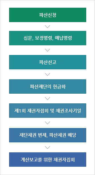 파산신청 → 심문, 보정명령, 예납명령 → 파산선고 → 파산재단의 현금화 → 제1회 채권자집회 및 채권조사기일 → 재단채권 변제, 파산채권 배당 → 계산보고를 위한 채권자집회